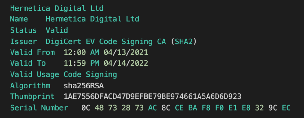 HermeticWiper signed with valid 'Hermetic Digital Ltd' code-signing certificate.