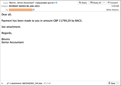 Figure 1. Spam email distributing the Dridex trojan. (Source: Dell SecureWorks)