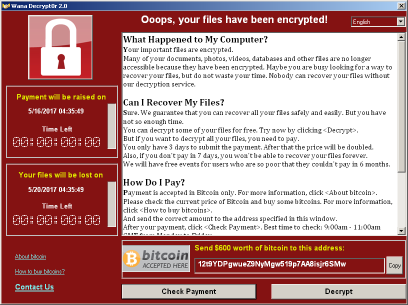 WCry (also known as Wana Decrypt0r) ransom demand interface. (Source: SecureWorks)