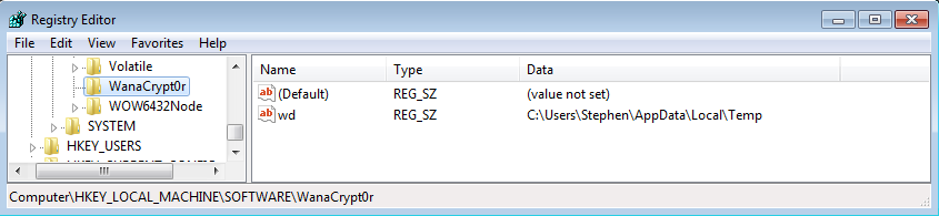 Metadata stored in registry by WCry ransomware. (Source: SecureWorks)